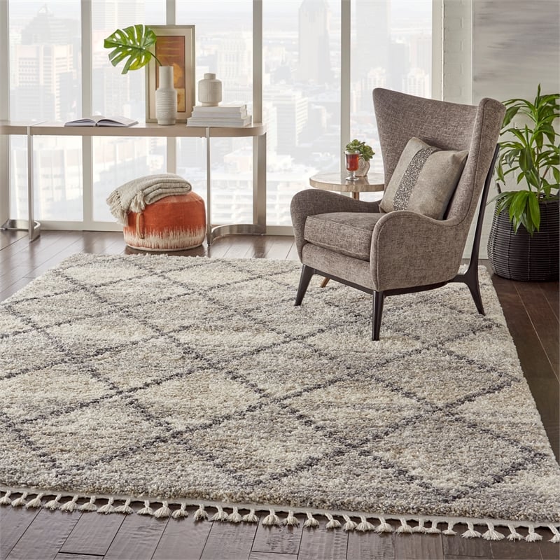 Nourison Scandinavian Shag Rectangle Polypropylene Area Rug in Ivory/Gray