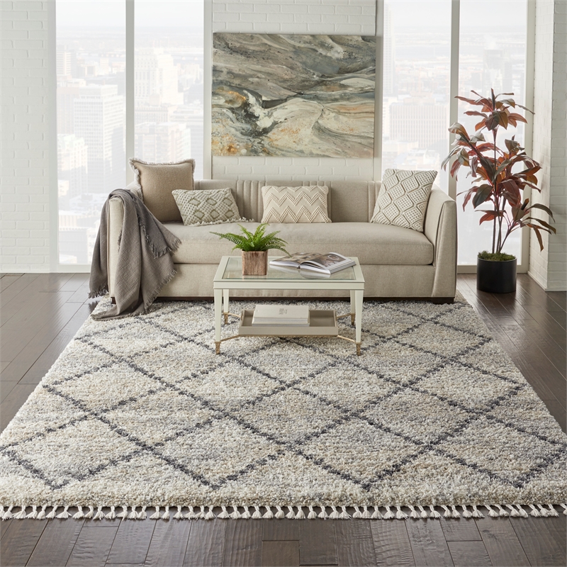Nourison Scandinavian Shag Rectangle Polypropylene Area Rug in Silver/Gray