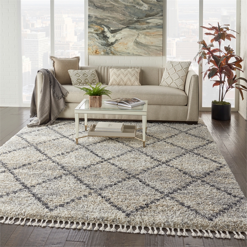 Nourison Scandinavian Shag Rectangle Polypropylene Area Rug in Silver/Gray