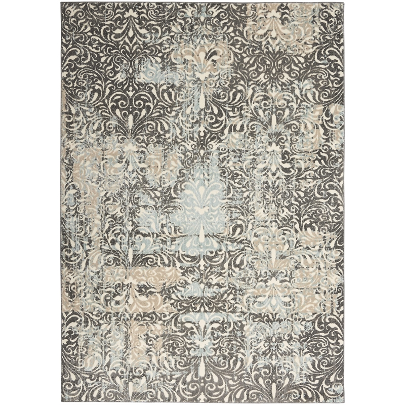 Nourison Soma Rectangle Contemporary Polyester Area Rug in Charcoal/Teal/Ivory