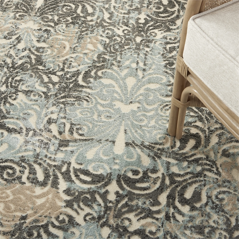 Nourison Soma Rectangle Contemporary Polyester Area Rug in Charcoal/Teal/Ivory