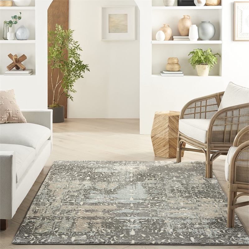 Nourison Soma Rectangle Contemporary Polyester Area Rug in Charcoal/Teal/Ivory