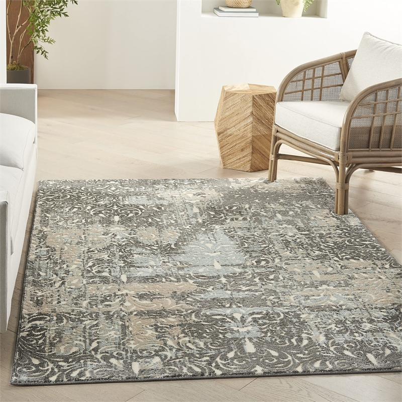 Nourison Soma Rectangle Contemporary Polyester Area Rug in Charcoal/Teal/Ivory