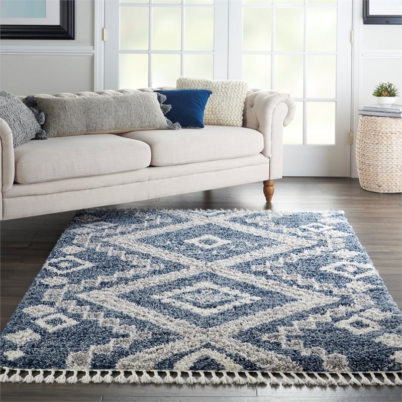 Nourison Scandinavian Shag Rectangle Polypropylene Area Rug in Denim Blue