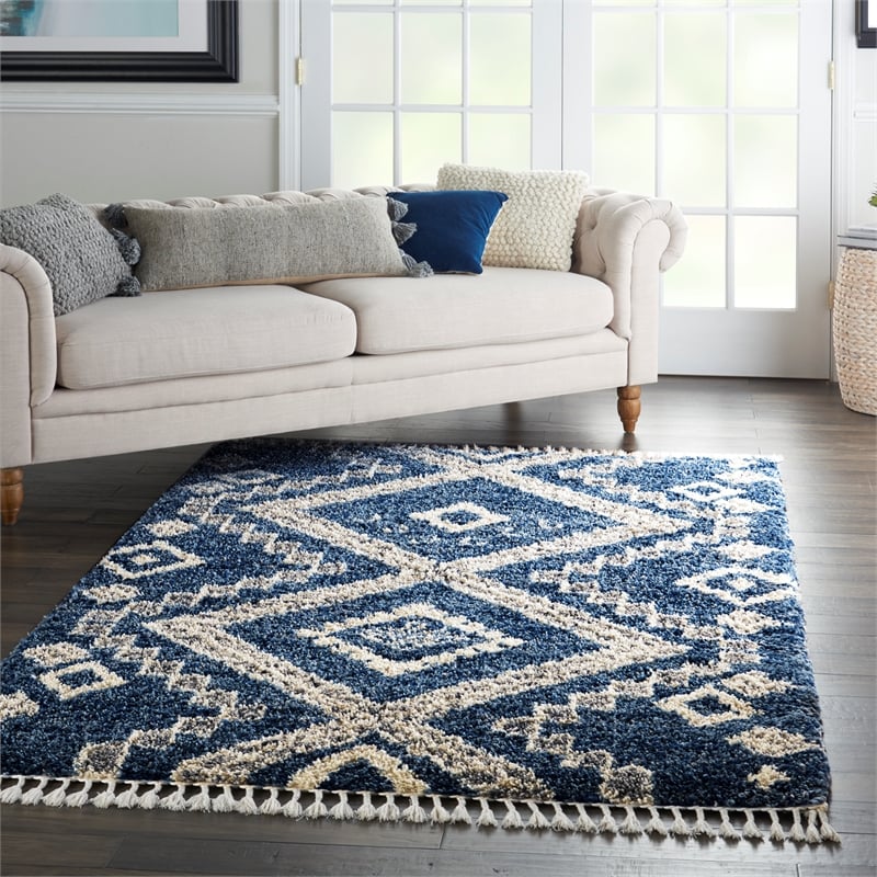 Nourison Scandinavian Shag Rectangle Polypropylene Area Rug in Denim Blue