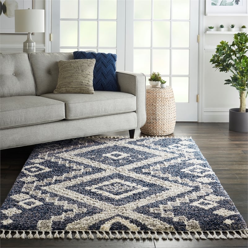Nourison Scandinavian Shag Rectangle Polypropylene Area Rug in Denim Blue