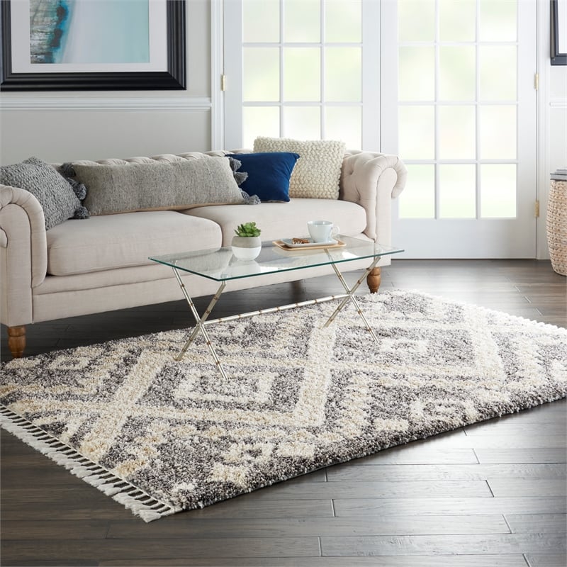 Nourison Scandinavian Shag Rectangle Polypropylene Area Rug in Gray/Ivory