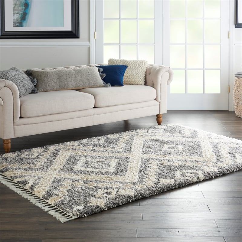 Nourison Scandinavian Shag Rectangle Polypropylene Area Rug in Gray/Ivory