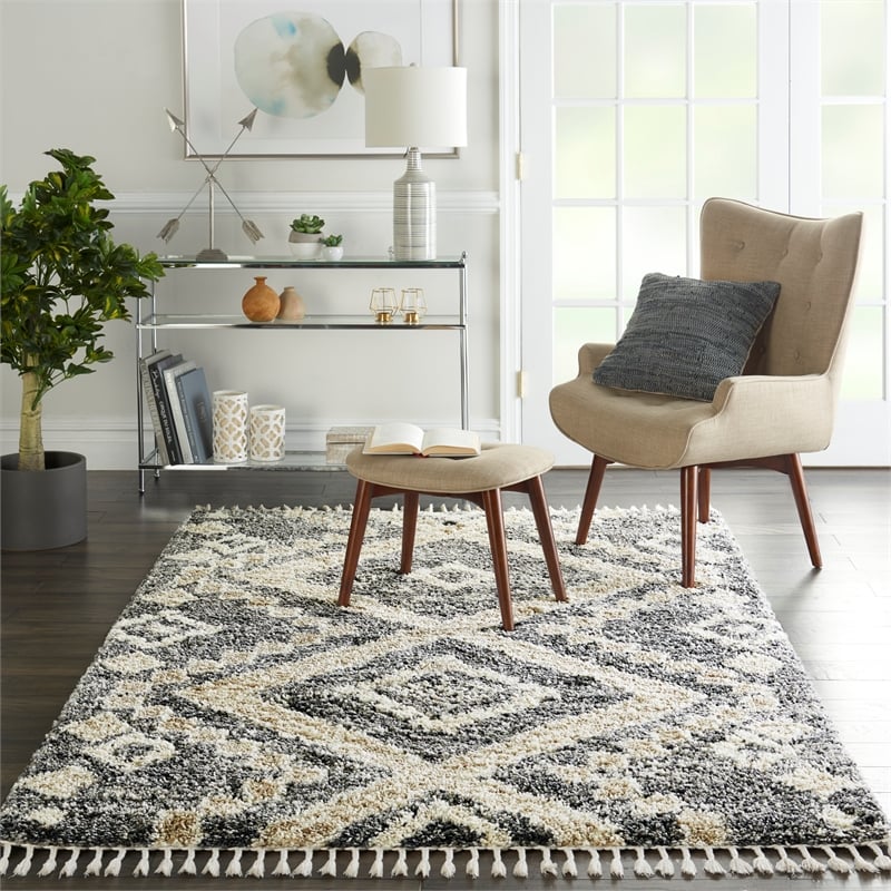 Nourison Scandinavian Shag Rectangle Polypropylene Area Rug in Gray/Ivory