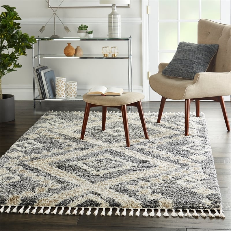 Nourison Scandinavian Shag Rectangle Polypropylene Area Rug in Gray/Ivory