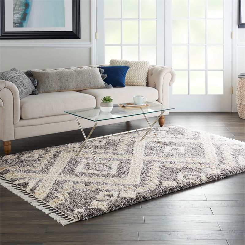 Nourison Scandinavian Shag Rectangle Polypropylene Area Rug in Gray/Ivory