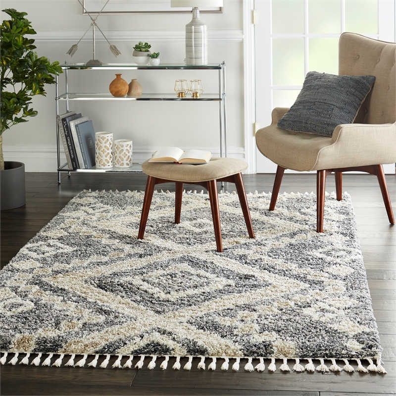 Nourison Scandinavian Shag Rectangle Polypropylene Area Rug in Gray/Ivory