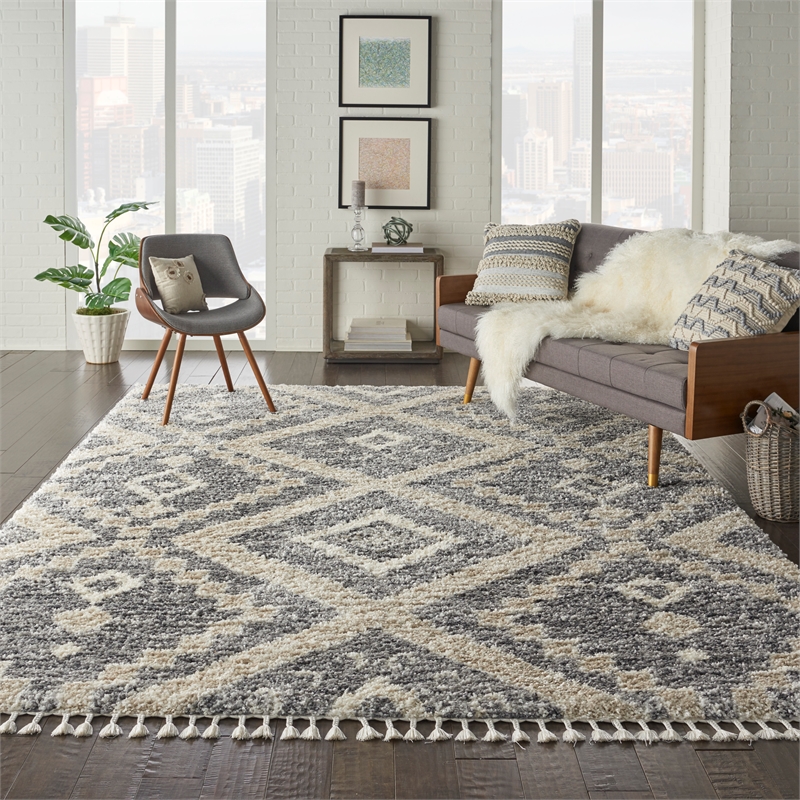 Nourison Scandinavian Shag Rectangle Polypropylene Area Rug in Gray/Ivory