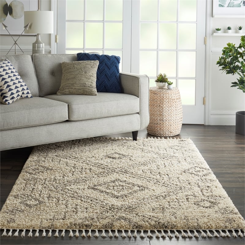 Nourison Scandinavian Shag Rectangle Polypropylene Area Rug in Ivory/Gray
