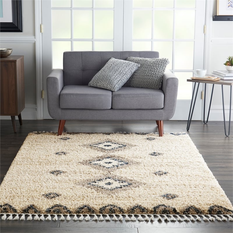 Nourison Scandinavian Shag Rectangle Polypropylene Area Rug in Ivory/Blue