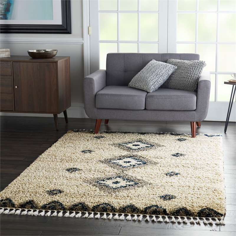 Nourison Scandinavian Shag Rectangle Polypropylene Area Rug in Ivory/Blue
