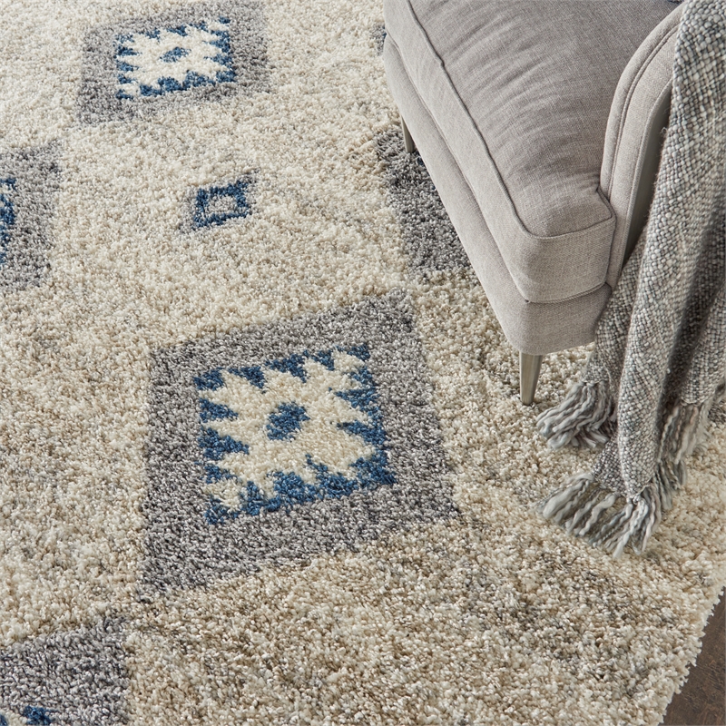 Nourison Scandinavian Shag Rectangle Polypropylene Area Rug in Ivory/Blue