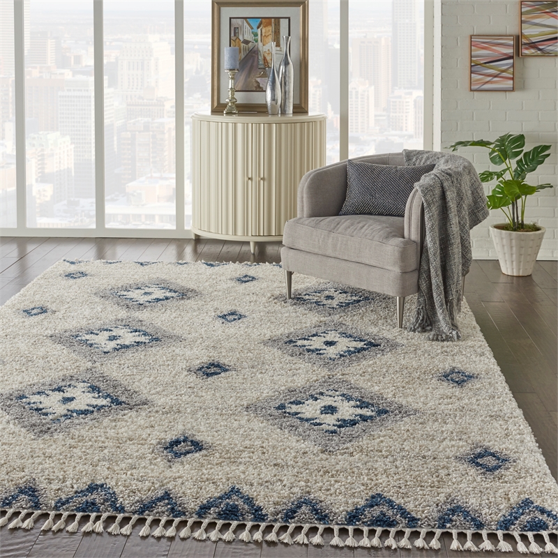 Nourison Scandinavian Shag Rectangle Polypropylene Area Rug in Ivory/Blue