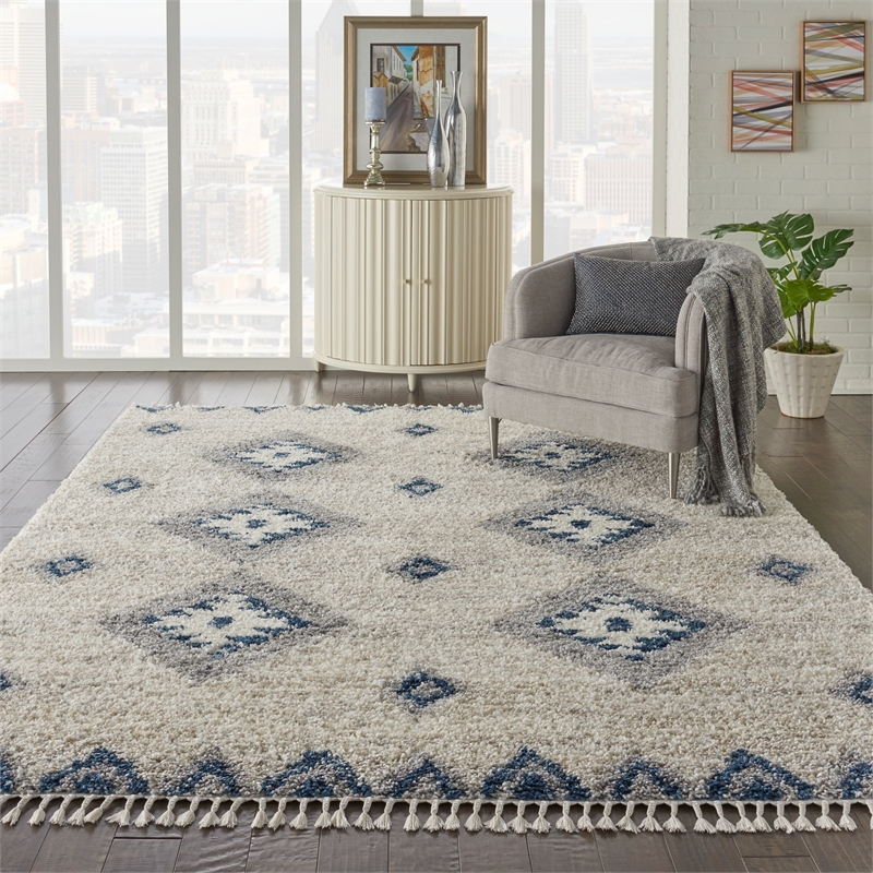 Nourison Scandinavian Shag Rectangle Polypropylene Area Rug in Ivory/Blue