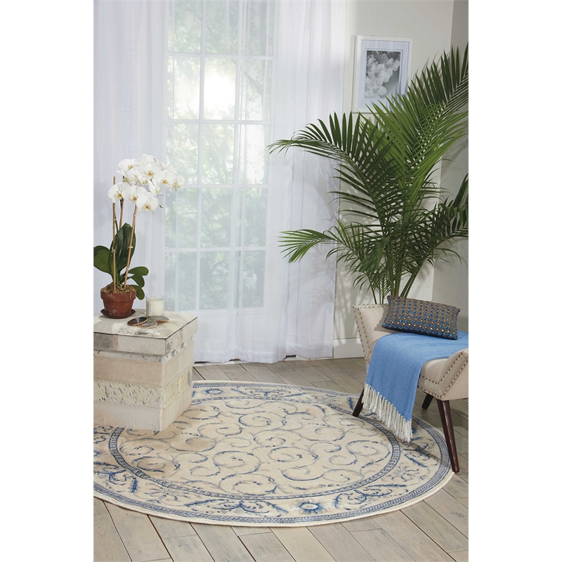 Nourison Somerset Round Traditional Polyester Acrylic Area Rug in Ivory/Blue
