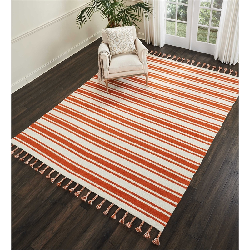 Nourison Solano Rectangle Wool Cotton and Polyester Area Rug in Ivory/Orange