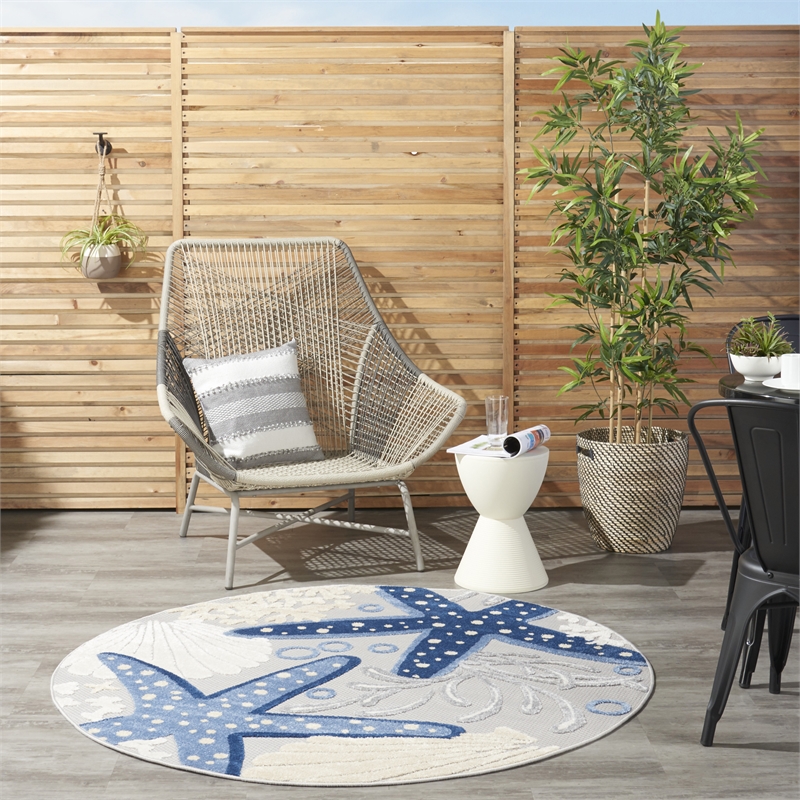 Nourison Aloha 4' x round Blue/Grey Outdoor Indoor/Outdoor Rug Polypropylene