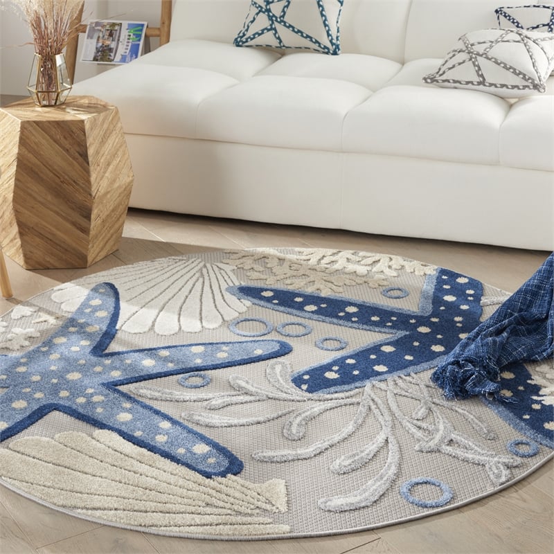 Nourison Aloha 4' x round Blue/Grey Outdoor Indoor/Outdoor Rug Polypropylene
