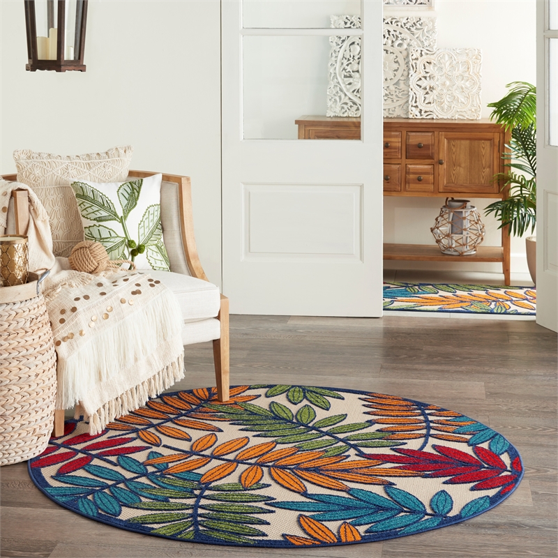 Nourison Aloha 5' x Round Multicolor Fabric Tropical Area Rug (5' Round)