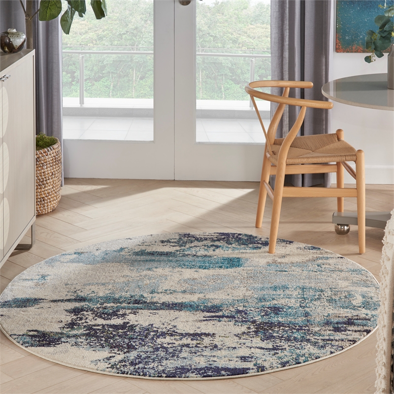 Nourison Celestial 5' x Round Blue and White Fabric Modern Area Rug (5' Round)