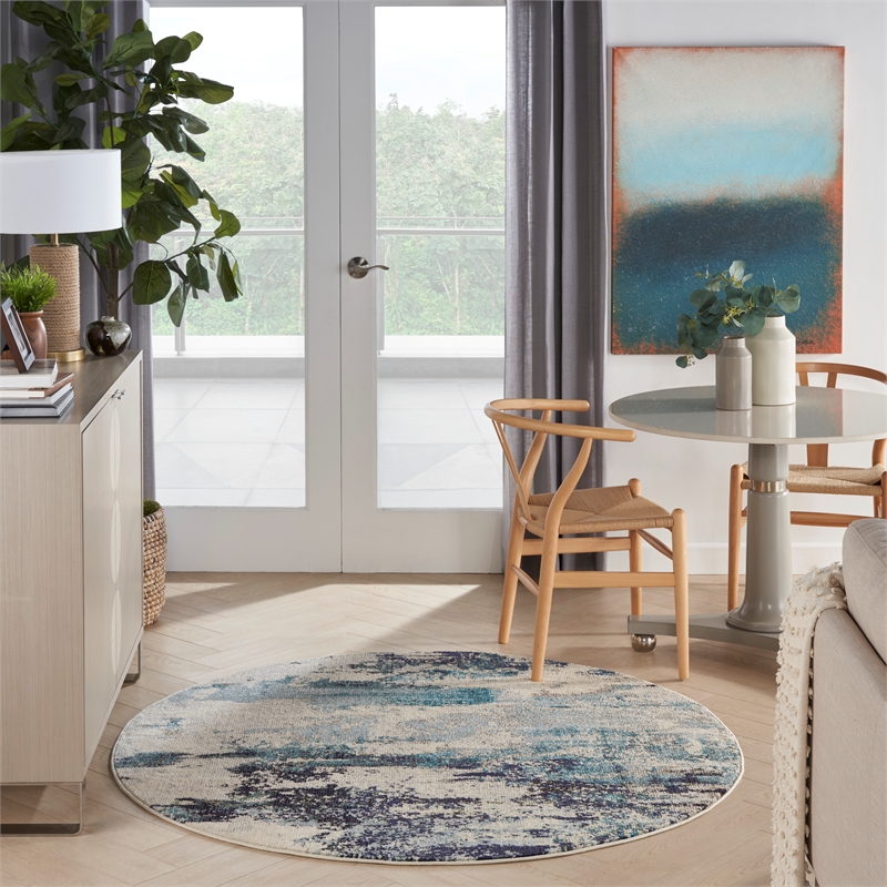 Nourison Celestial 5' x Round Blue and White Fabric Modern Area Rug (5' Round)