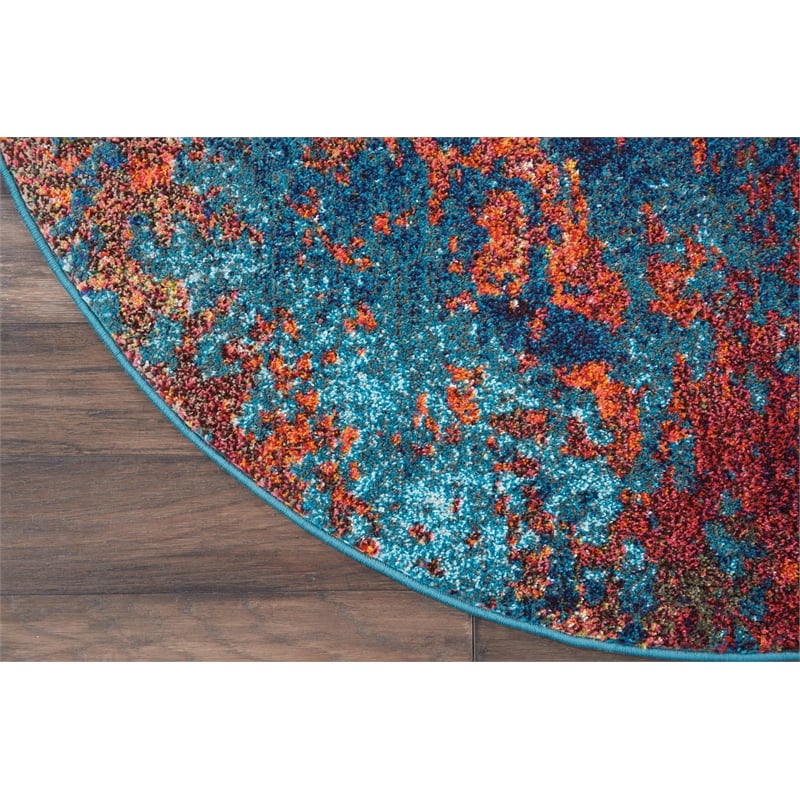 Nourison Celestial 4' x Round Blue and Red Fabric Modern Area Rug (4' Round)