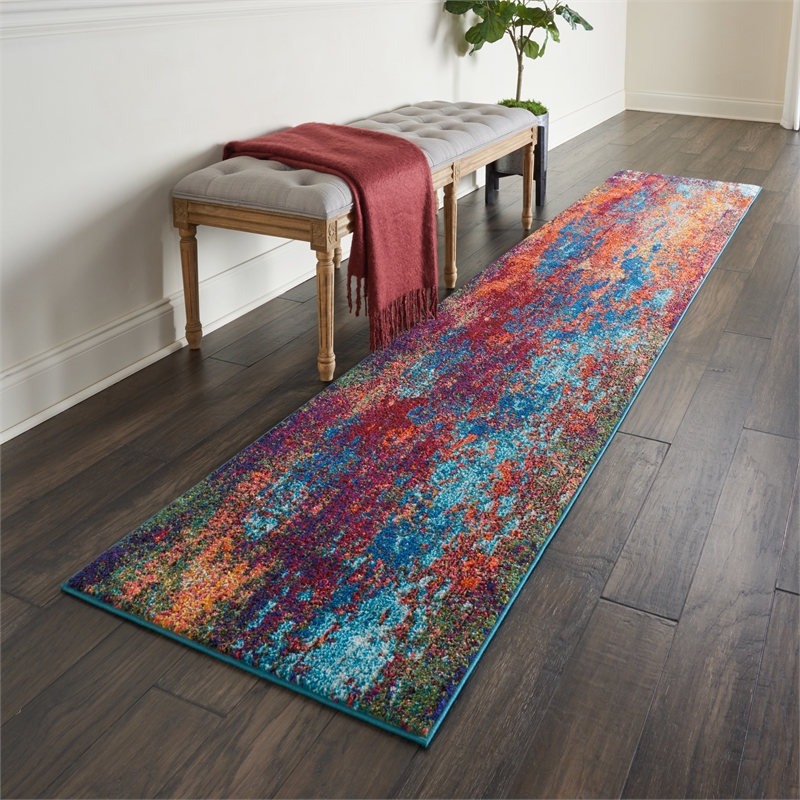 Nourison Celestial 10' Runner Blue and Red Fabric Modern Area Rug (10' Runner)
