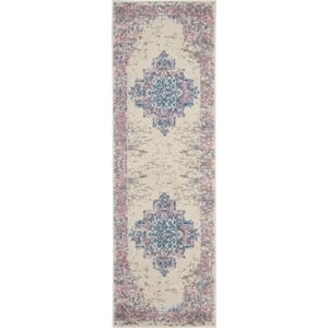 Nourison Grafix 8' Runner White and Pink Fabric Vintage Area Rug (8' Runner)