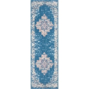 Nourison Grafix 8' Runner Blue Fabric Vintage Area Rug (8' Runner)