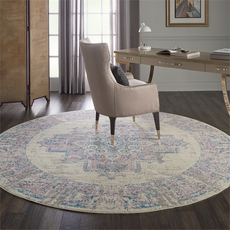 Nourison Grafix 8' x Round White and Pink Fabric Vintage Area Rug (8' Round)