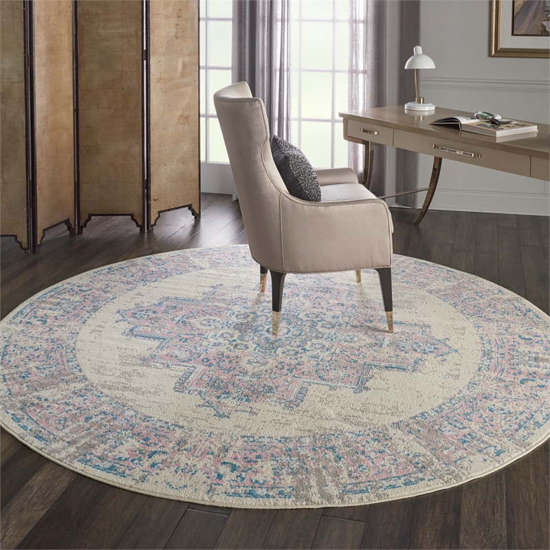 Nourison Grafix 8' x Round White and Pink Fabric Vintage Area Rug (8' Round)