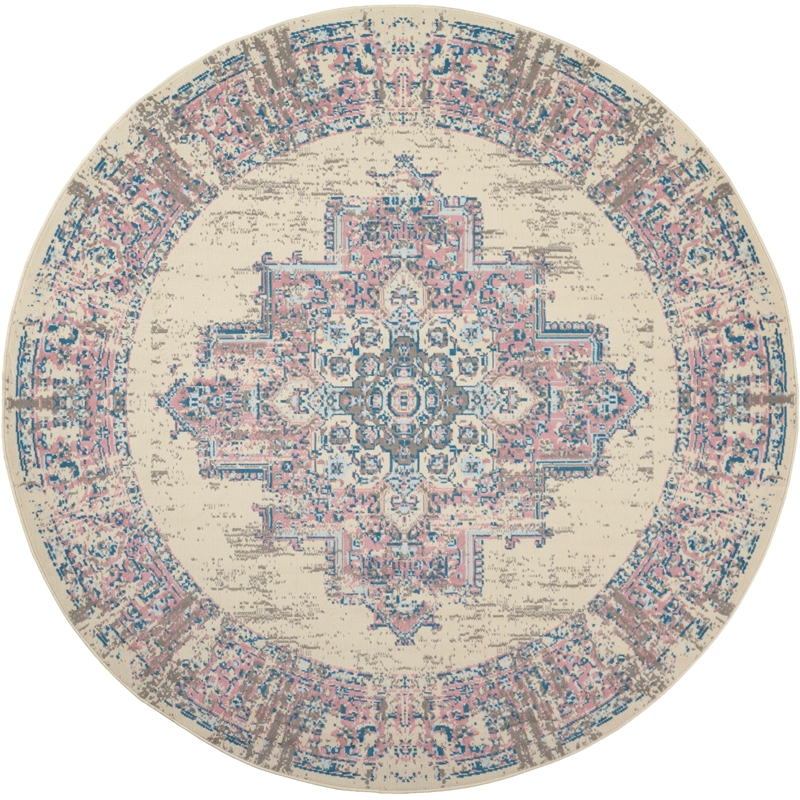 Nourison Grafix 8' x Round White and Pink Fabric Vintage Area Rug (8' Round)