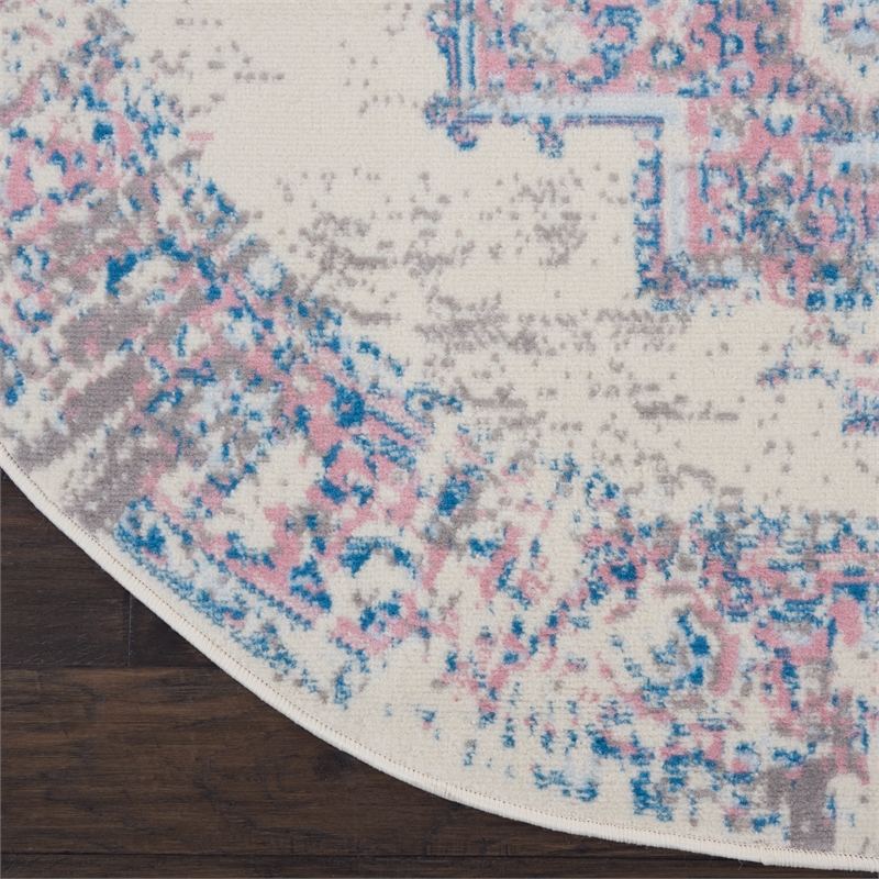 Nourison Grafix 5' x Round White and Pink Fabric Vintage Area Rug (5' Round)