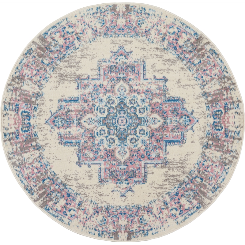 Nourison Grafix 5' x Round White and Pink Fabric Vintage Area Rug (5' Round)