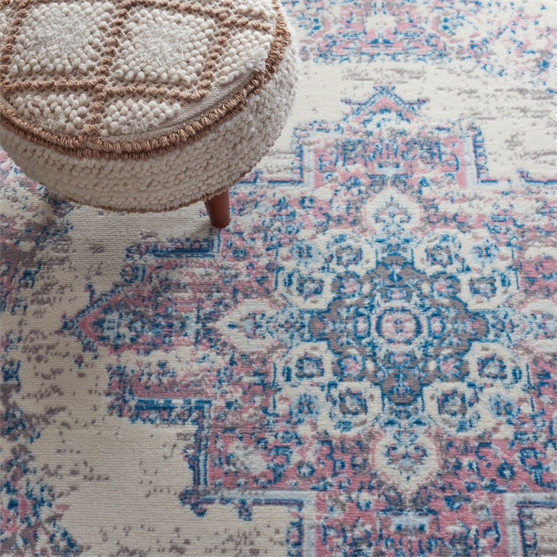 Nourison Grafix 4' x Round White and Pink Fabric Vintage Area Rug (4' Round)