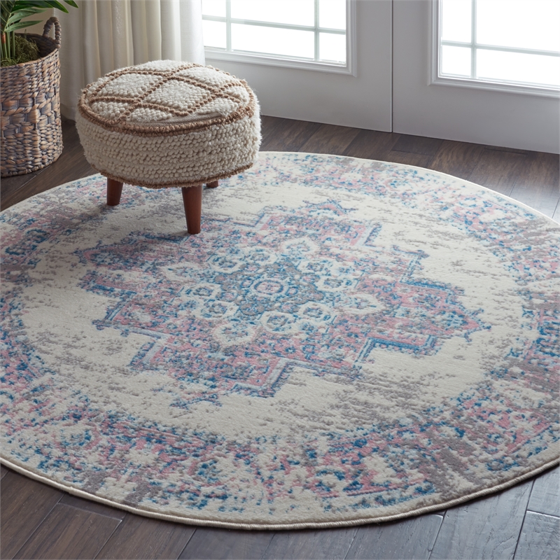 Nourison Grafix 4' x Round White and Pink Fabric Vintage Area Rug (4' Round)