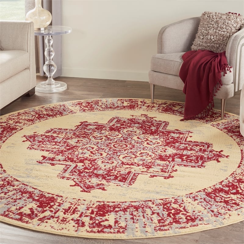 Nourison Grafix 8' x Round Red and White Fabric Vintage Area Rug (8' Round)