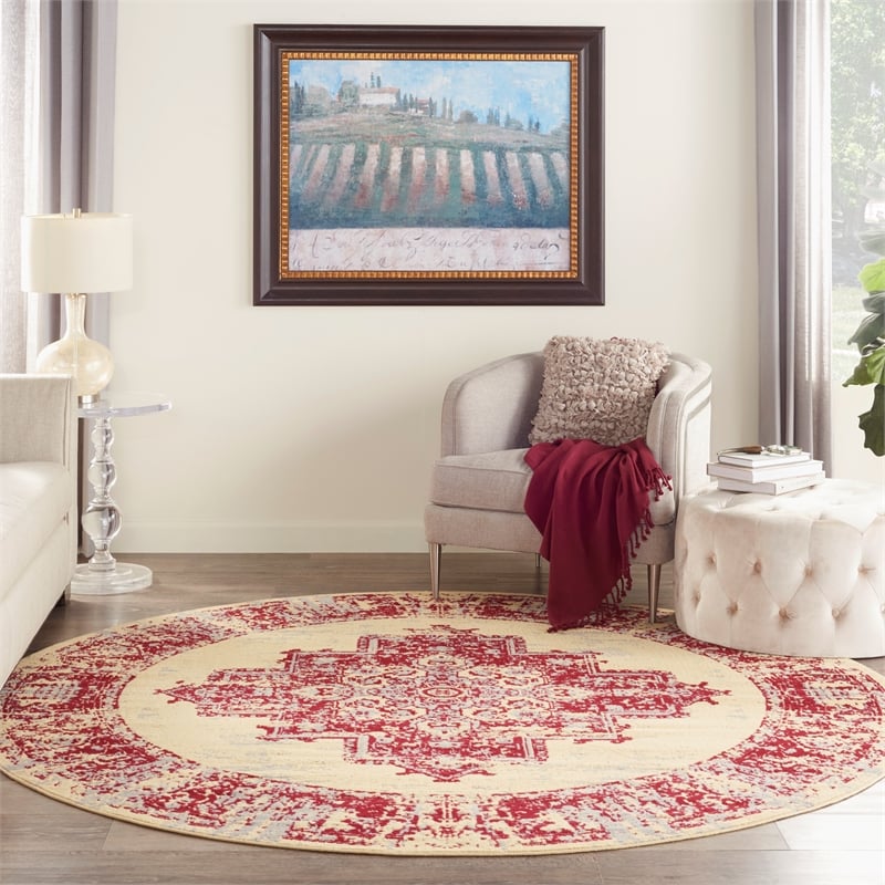 Nourison Grafix 8' x Round Red and White Fabric Vintage Area Rug (8' Round)