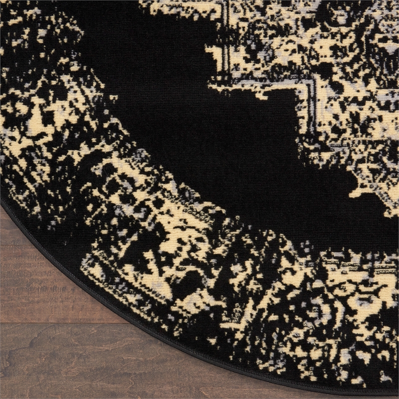 Nourison Grafix 5' x Round Black and White Fabric Vintage Area Rug (5' Round)