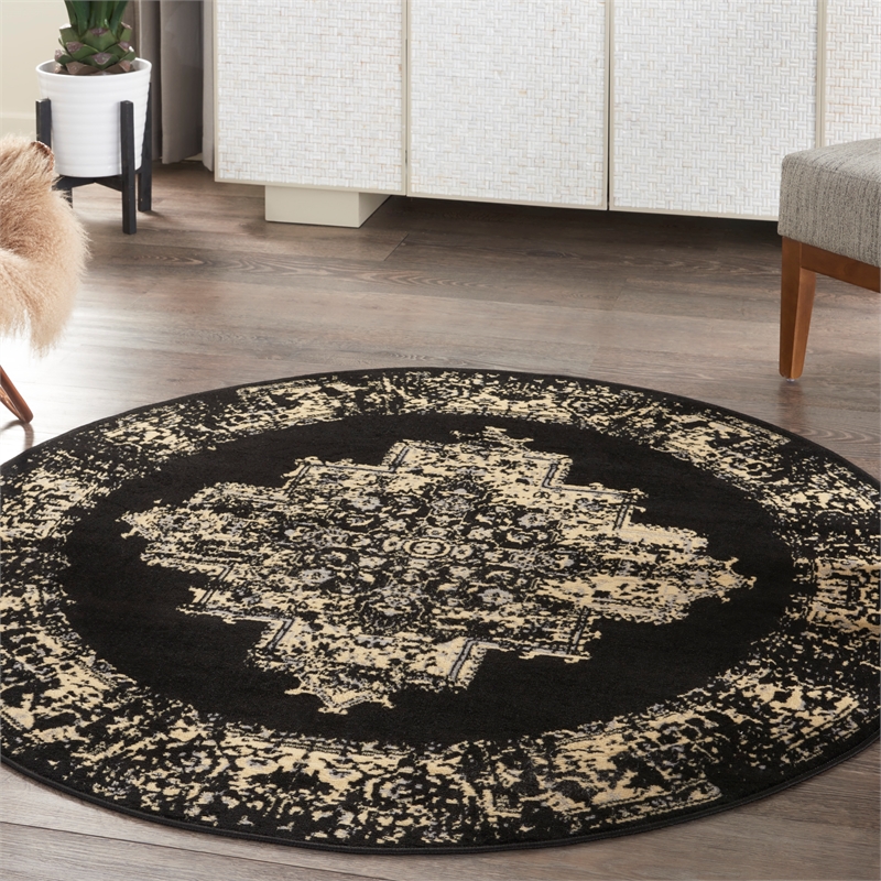 Nourison Grafix 5' x Round Black and White Fabric Vintage Area Rug (5' Round)