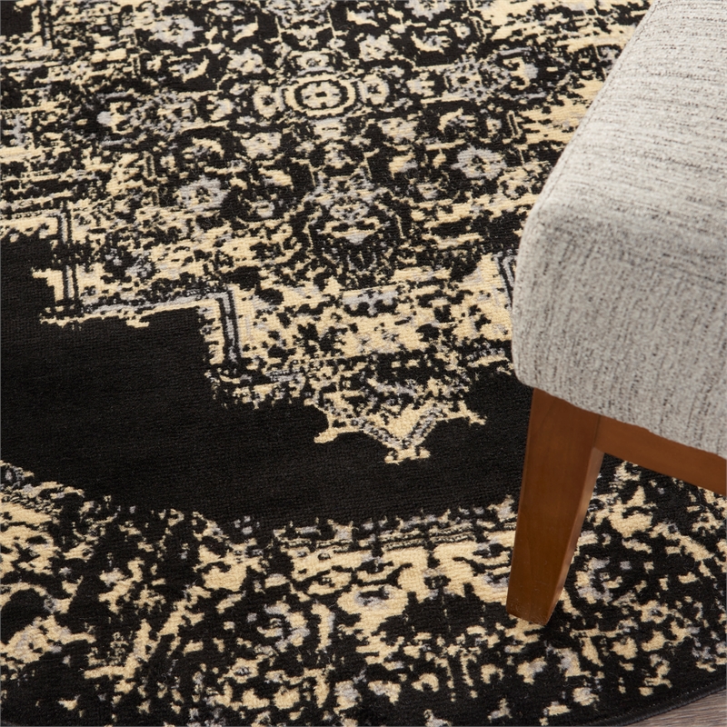 Nourison Grafix 5' x Round Black and White Fabric Vintage Area Rug (5' Round)