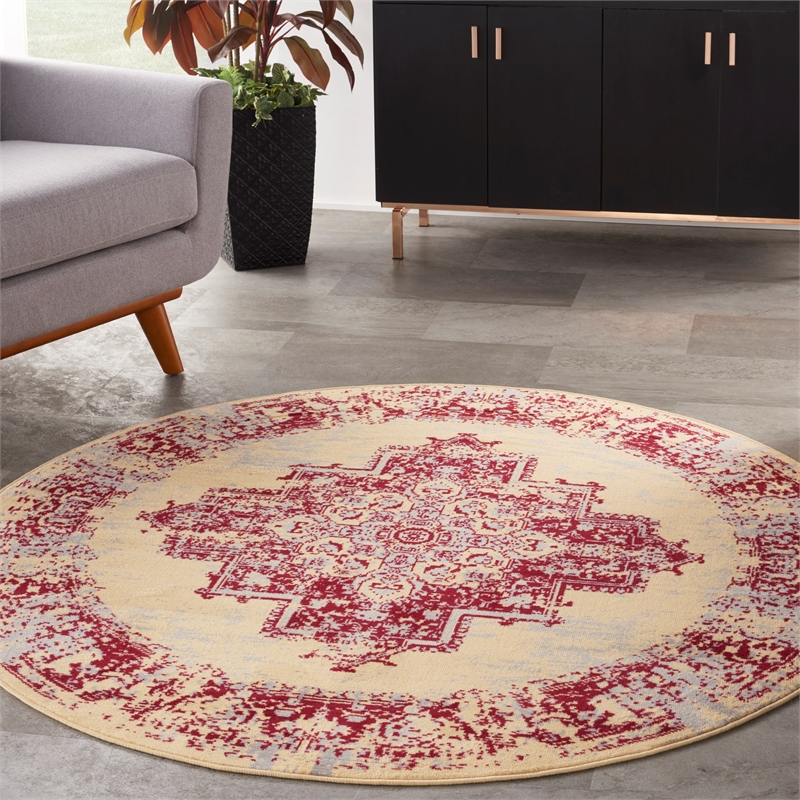 Nourison Grafix 5' x Round Red and White Fabric Vintage Area Rug (5' Round)