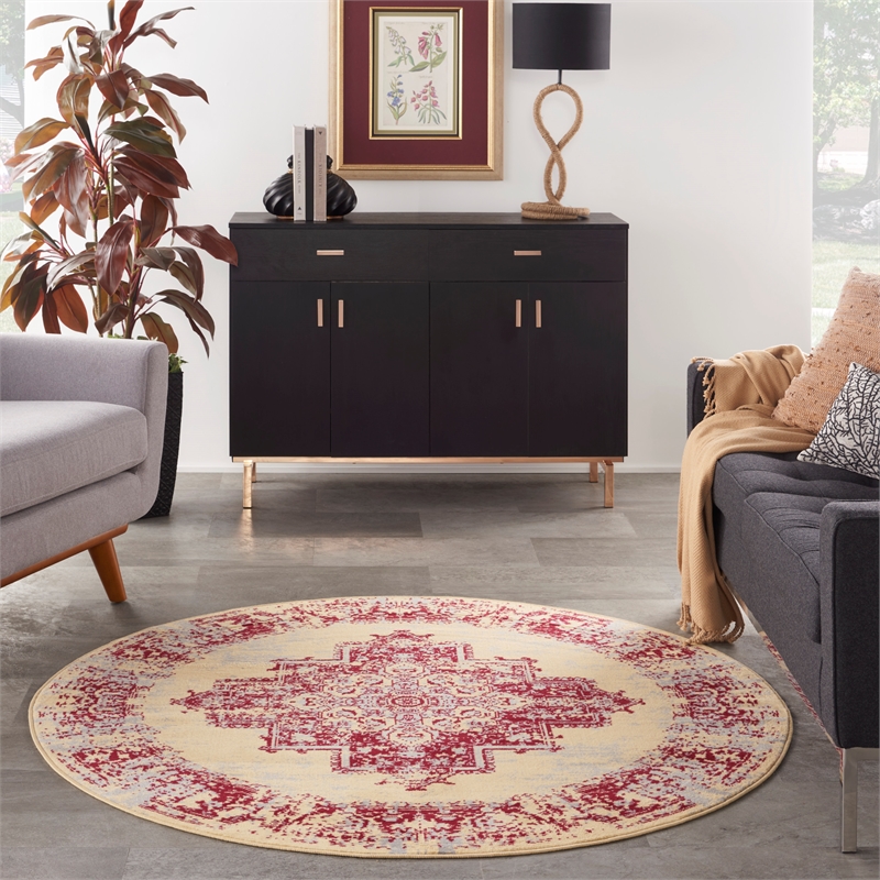 Nourison Grafix 5' x Round Red and White Fabric Vintage Area Rug (5' Round)