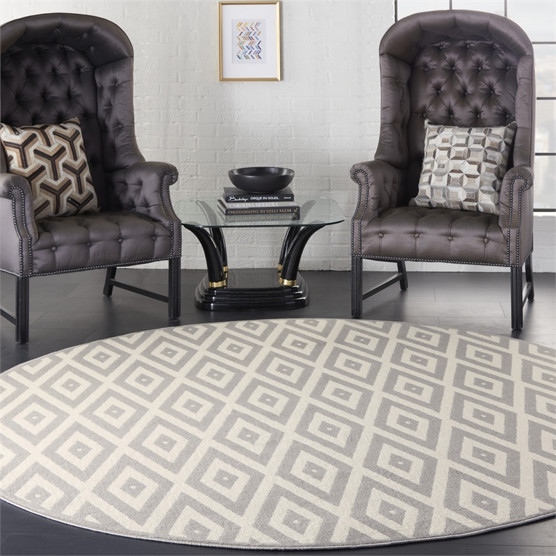 Nourison Grafix 8' x ROUND White/Gray Mid-Century Modern Indoor Rug