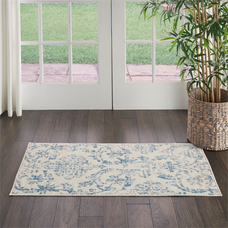 Nourison Jubilant 2' x 4' White and Blue Fabric Vintage Area Rug (2' x 4')